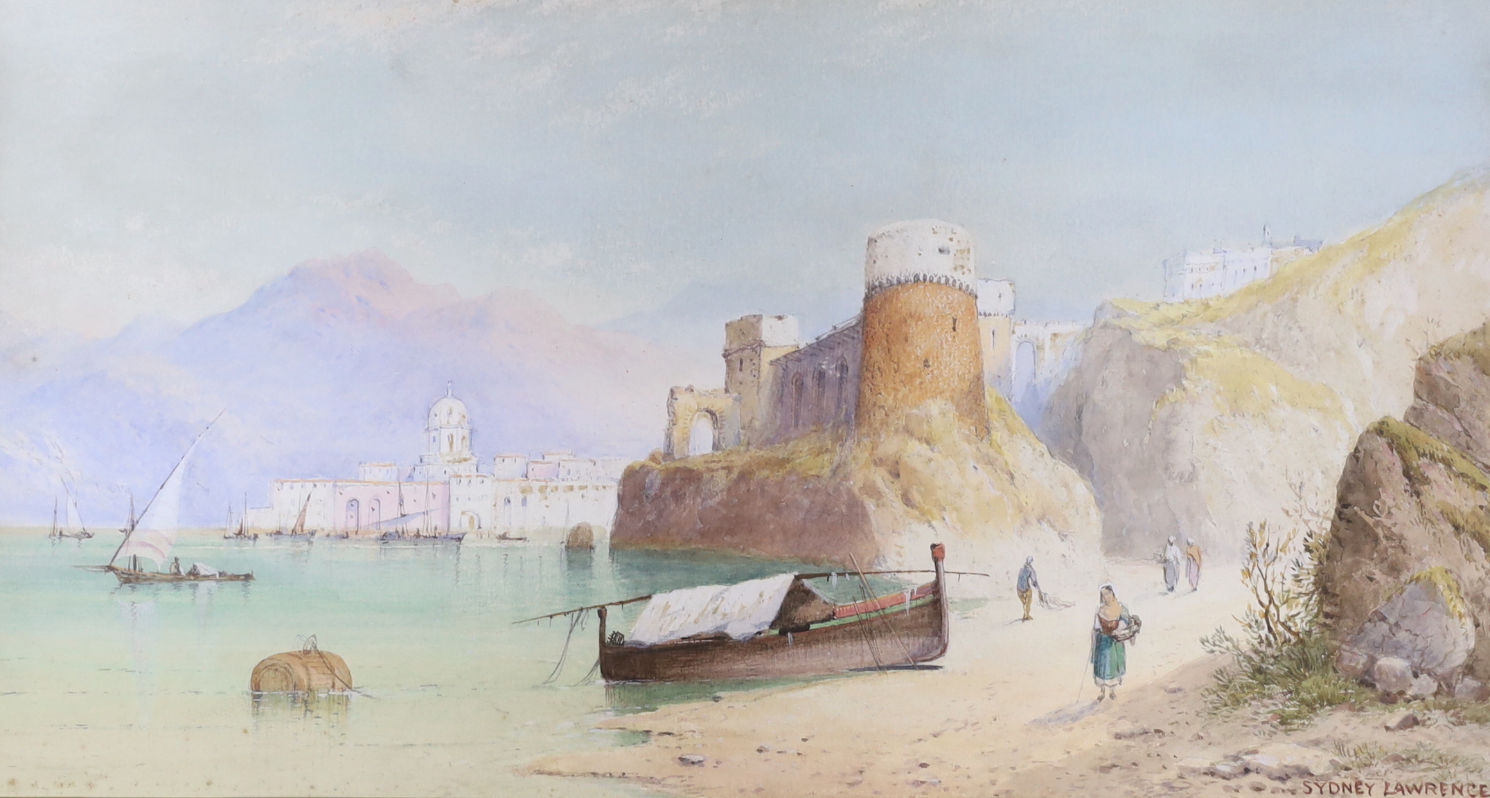 Sydney Mortimer Laurence (British, 1858-1940), pair of watercolours, Alpine lakeside town and Mountainous riverside town, signed, each approx. 23 x 44cm (2)